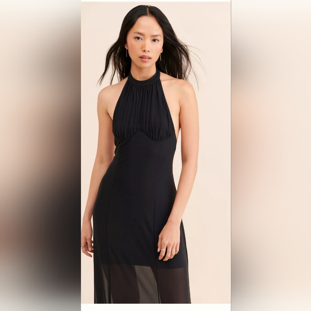 Black maxi halter free people anthropologie dress, mesh overlay, wedding guest,